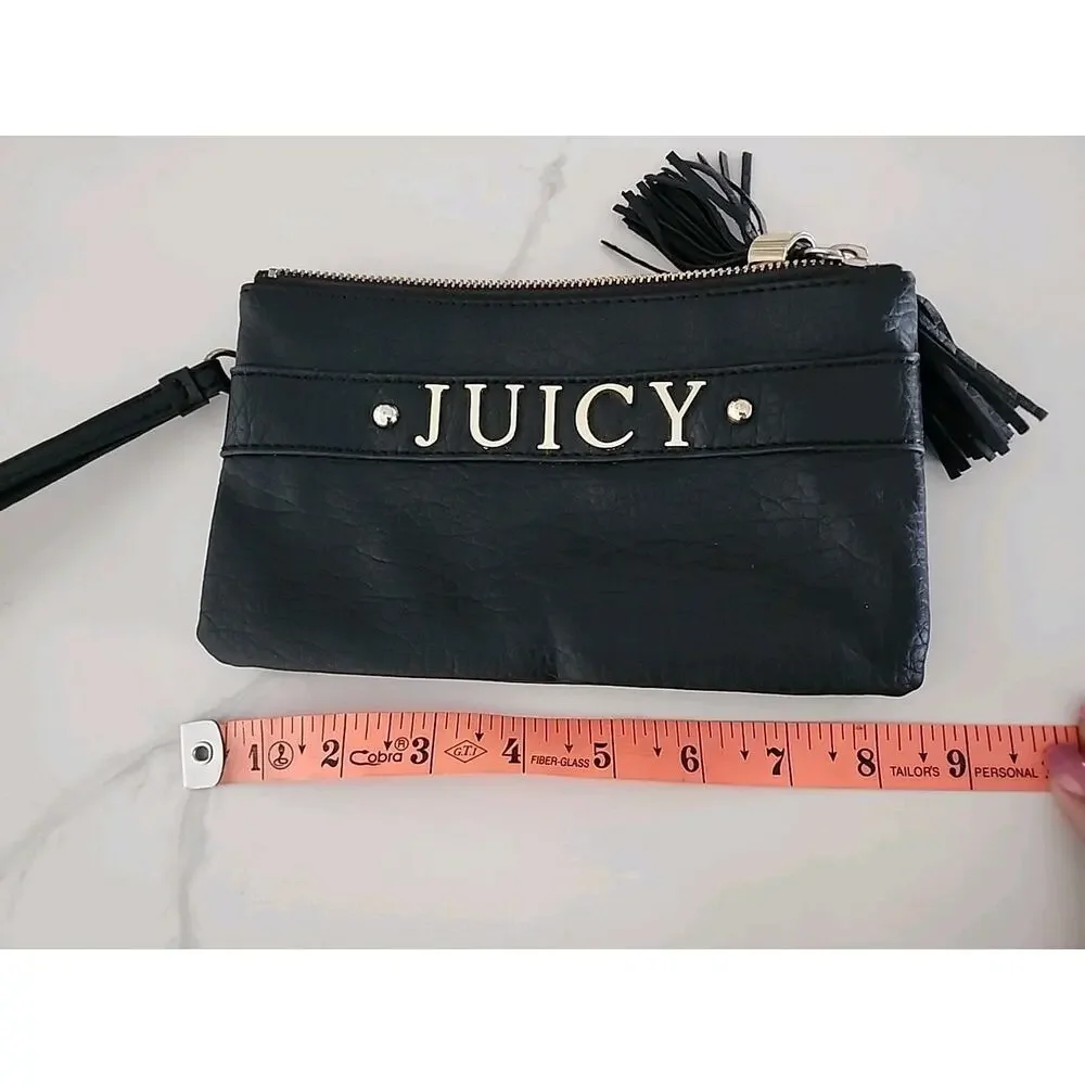 Juicy Couture Wristlet Vintage Black Leather Double Compartment Clutch Tassels